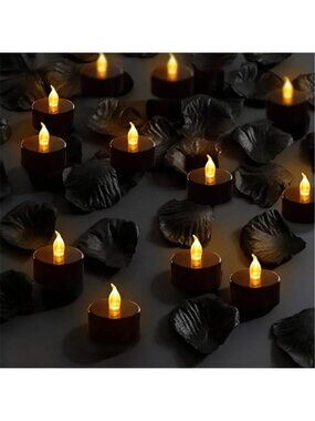 Black Rose Petals Flameless LED Tea Lights Wedding Halloween Party Decor